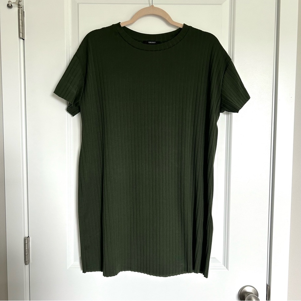 Forever 21 Dark Green Ribbed Short Sleeve Dress